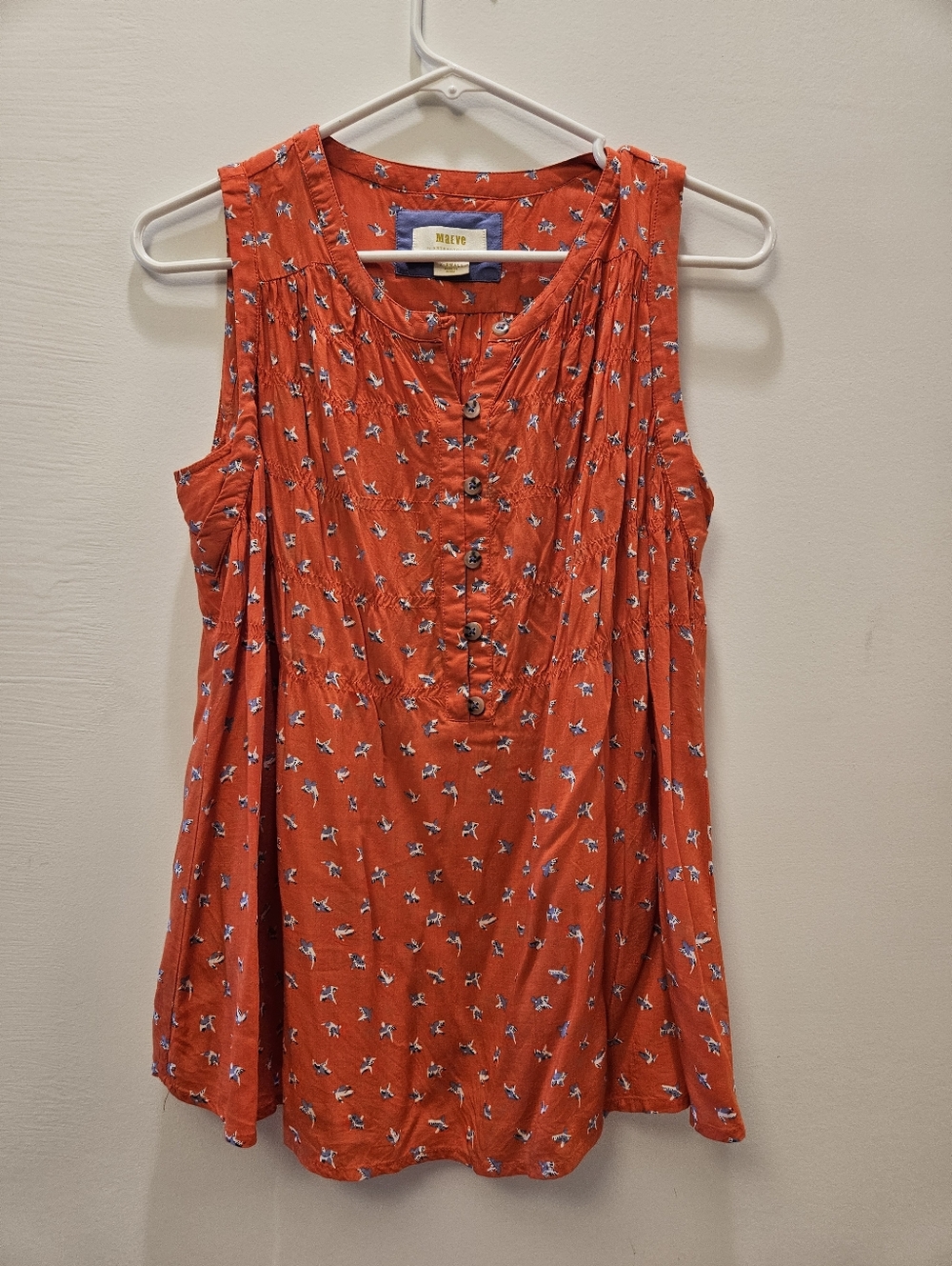 ANTHROPOLOGIE Maeve Red Sleeveless Button Front Pintuck Blouse